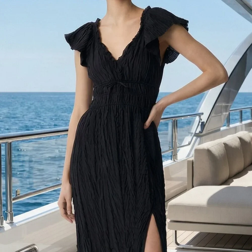 J. Crew Black Crinkled Midi Dress with Shoulder Ruffle and Side Slit NWT